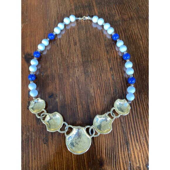 1980s Glass Beads Metal Enamel Necklace Shell Link Bib Circus Tent Blue White - Picture 9 of 9